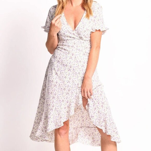 Riley Dress Floral White Midi Dress V-Neck Ruffle Trim sz XL - Picture 1 of 11